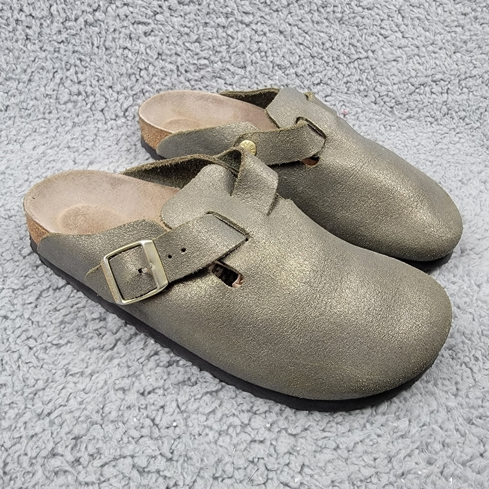 Birkenstock Womens Boston Green Metallic Gold Buckle Slip On Mule Clog Shoes 6.